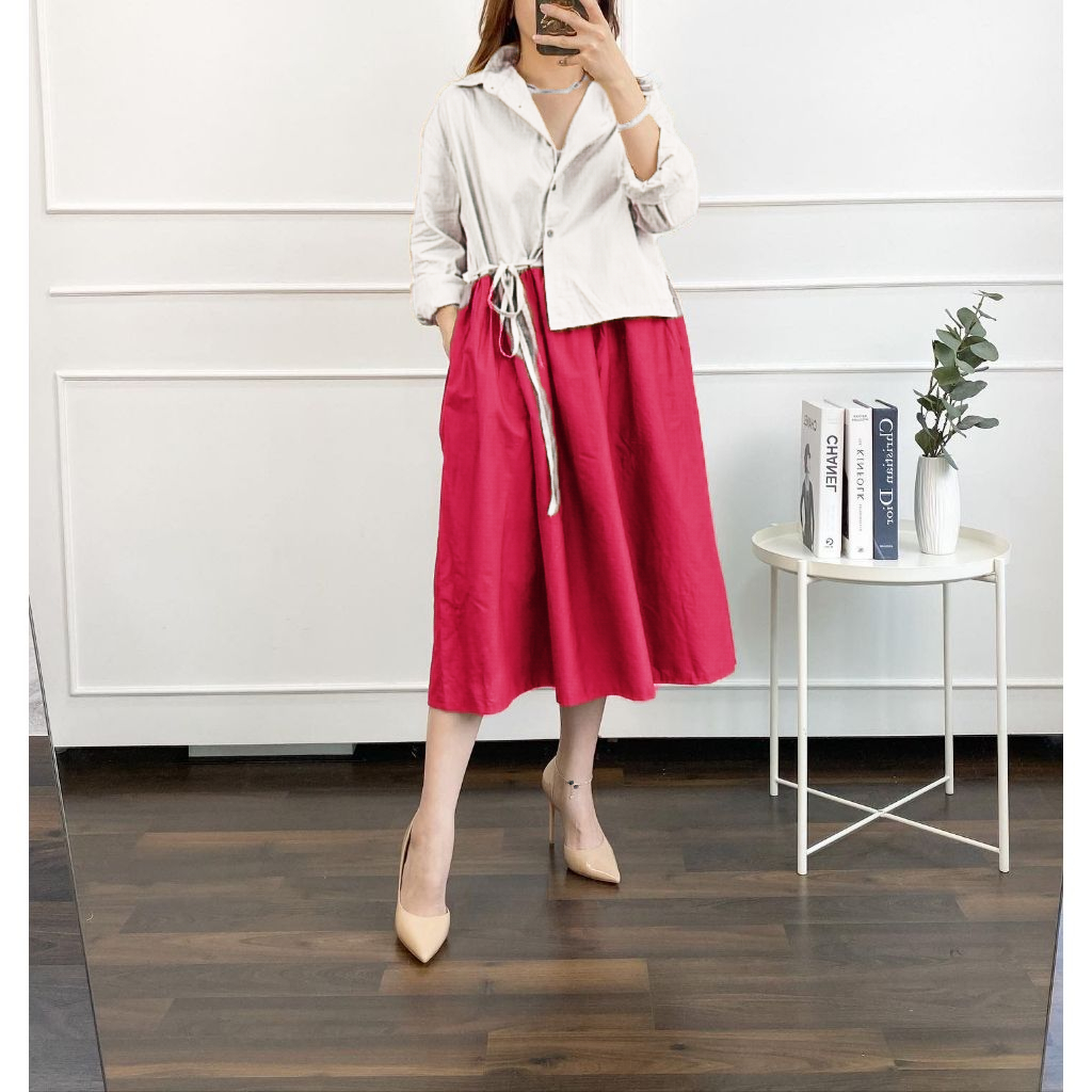 PINX Sienna Dress - Dress Wanita Merah Kombinasi Putih - Dress Katun Poplin Kemerdekan