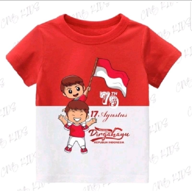 kaos anak anak merah kombinasi putih motip 2 anak angkat bendera BAJU HUT RI KE 79 BAJU 17 AGUSTUSAN
