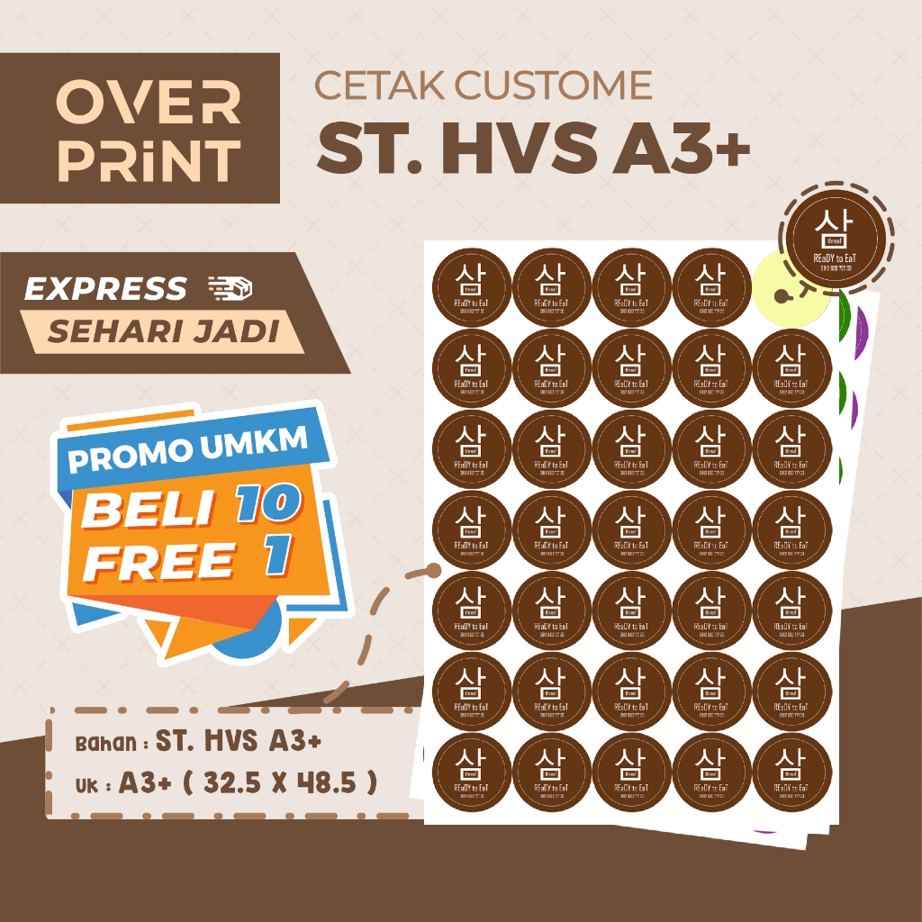 

Cetak Stiker HVS A3+ 32.5 x 48.5 Cm | PRINT & CUT | EXPRESS - SEHARI JADI | Label Makanan & Minuman