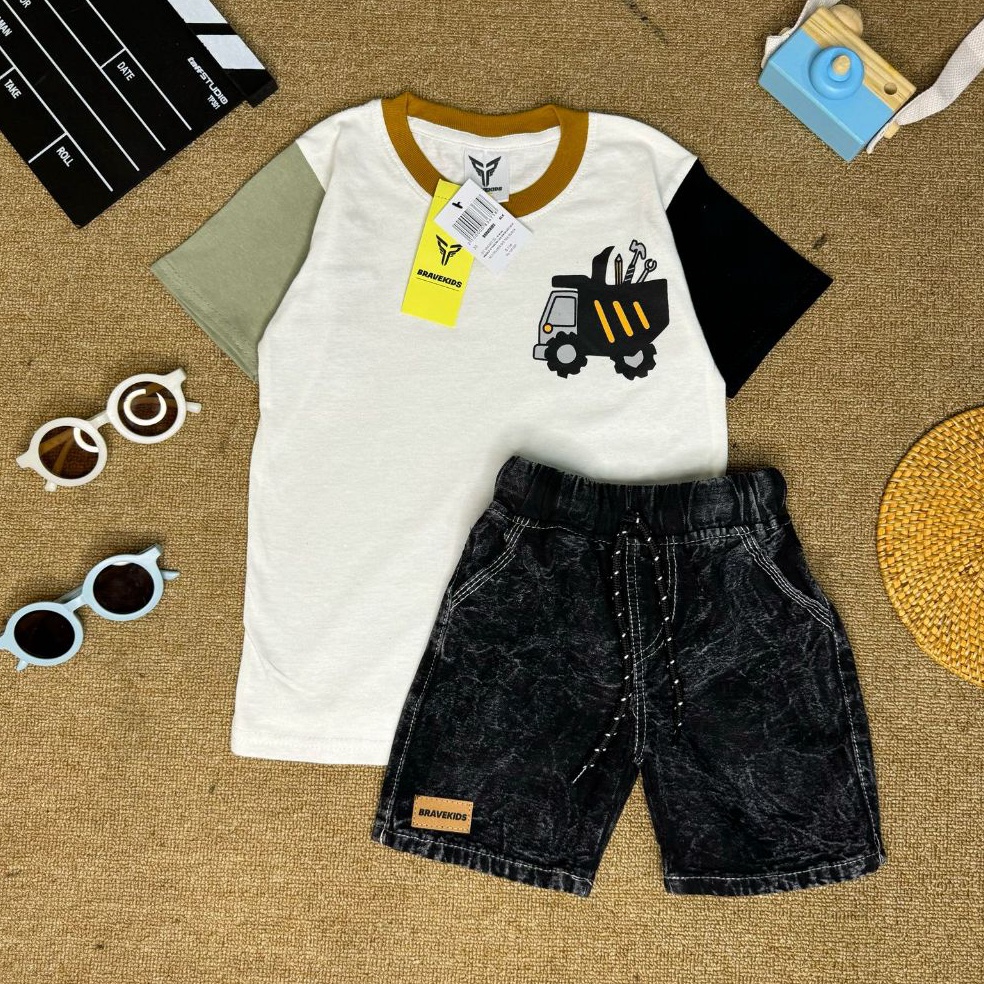 KODE U24P BRAVEKIDS  THREE TONE TRUCK SETELAN ANAK COTTON COMBED 24S CELANA DENIM