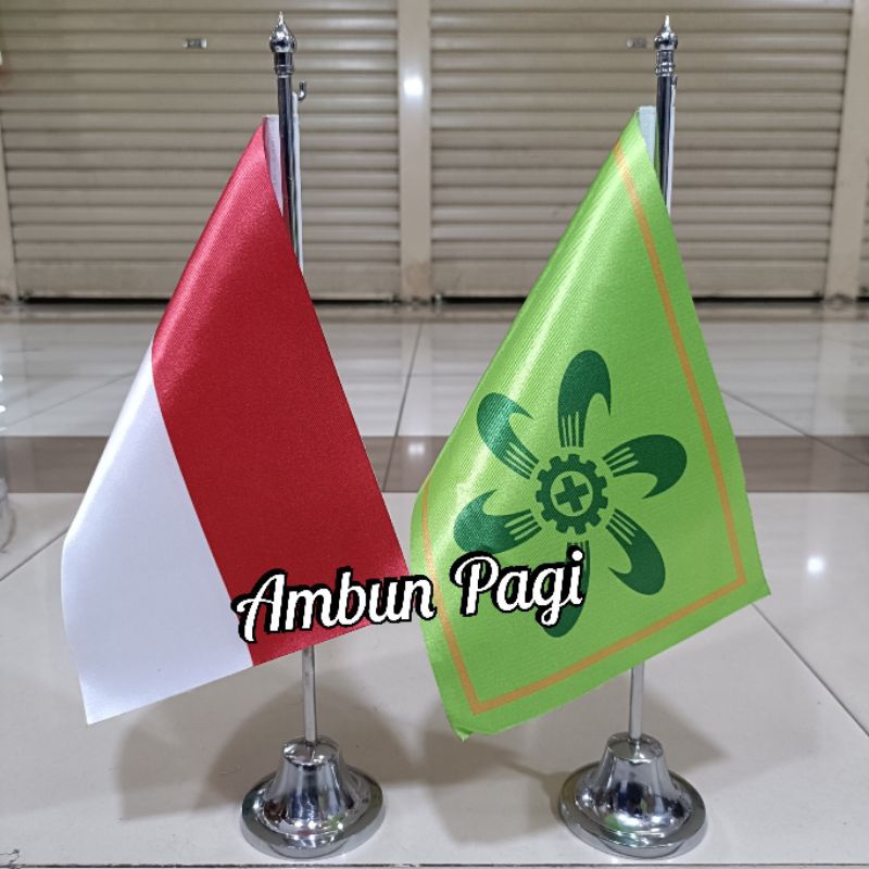 

best seller tiang stenlis meja+bendera K3 terbaru dasar hijau+bendera Merah Putih