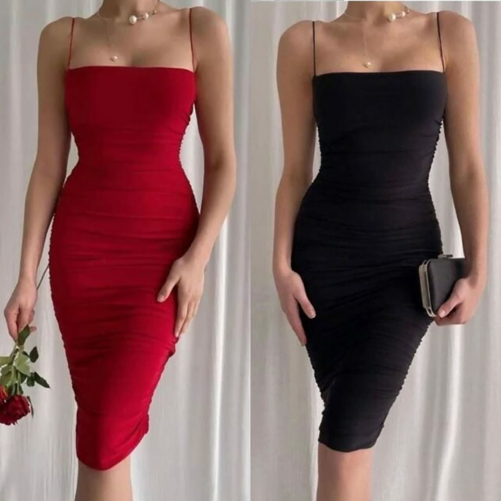 2033 Dress Midi Selutut Model Tanktop Tali Sexy Youcansee Party Clubbing Baju Nyanyi LC Hitam Merah