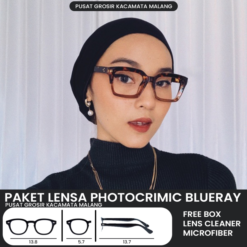 Kacamata Retro Kotak Tebal Photocromic Blueray Bluechromic Minus
