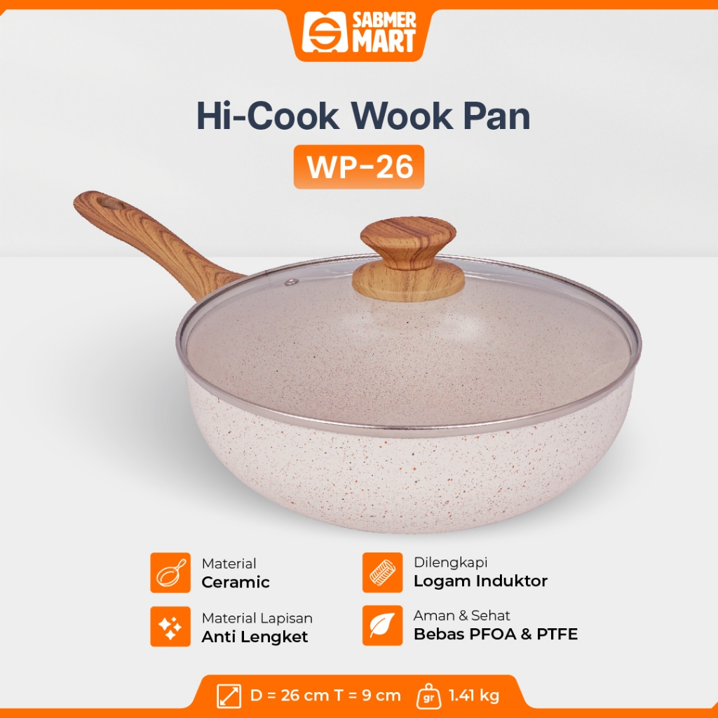 Wok Pan Anti Lengket 26 cm / Teflon Keramik Hi-Cook WP-26