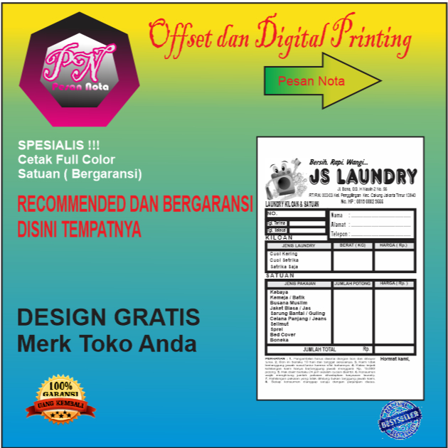 

Cetak Nota (4 buku) 1/4F 3 Ply Color nomor seri