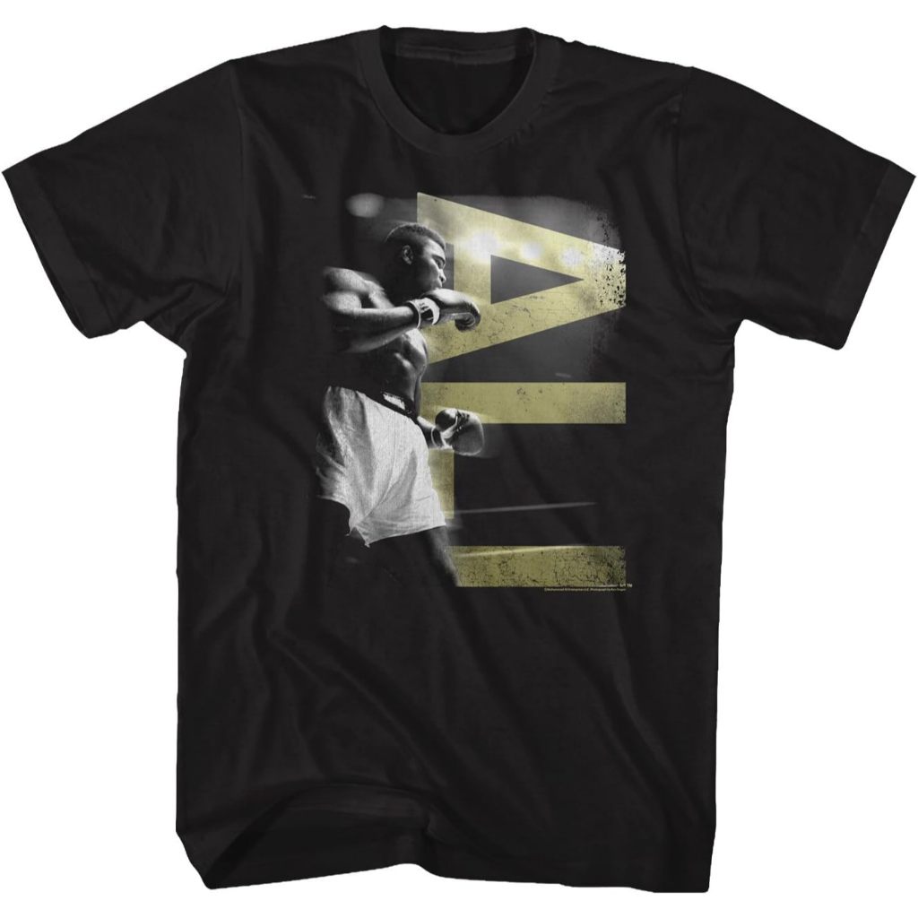 Baju Dewasa Muhammad Ali in A Boxing Stance with Ali in Gold Letters Black Adult T-Shirt Fashion Pak