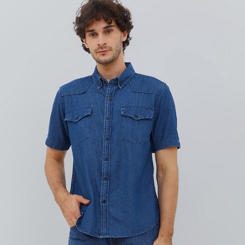 KODE K78S HILLBOSS Kemeja Jeans Lengan Pendek Pria Biru Tua Jose  Casual Denim Shirt OLD Navy Blue  