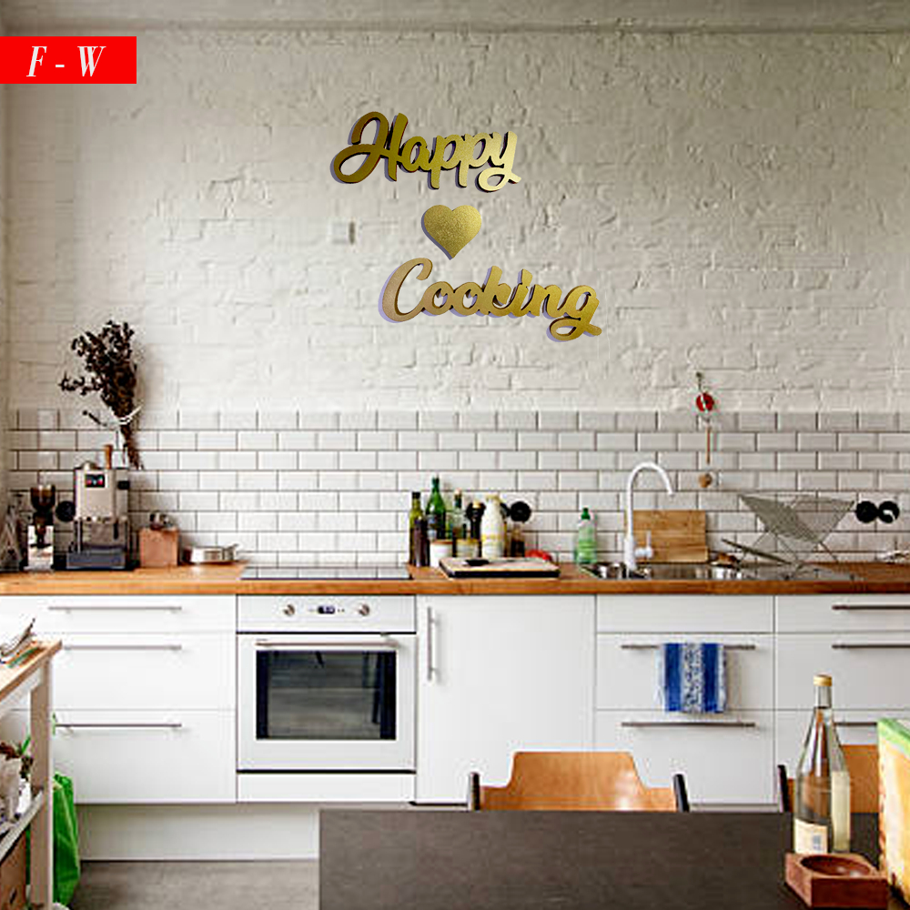 Dekorasi Dinding Dapur Huruf Kayu TImbul Cutting Warna Gold Happy Cooking