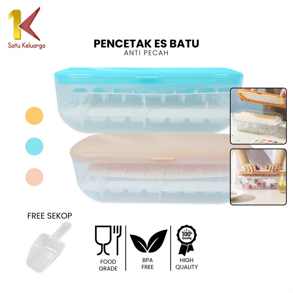 Satu Keluarga Cetakan Es Batu Mode Tekan Press Free Sendok C873 Ice Cube Container Anti Pecah dengan
