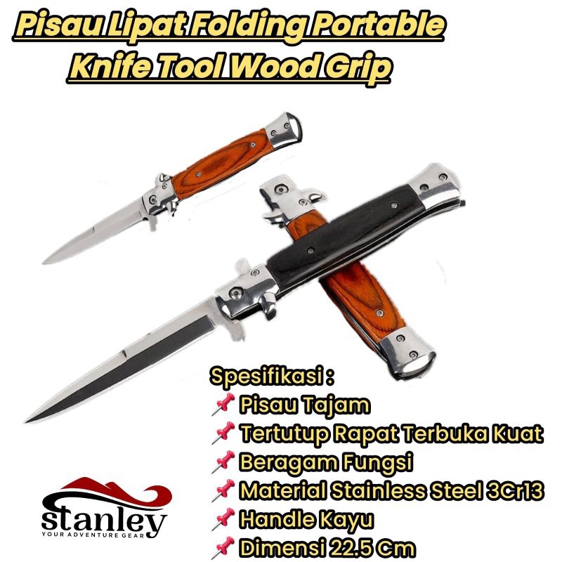 Ready pisau Saku Lipat Folding Portable Knife Survival Tool Wood Grip/Pisau lipat outdoor. Ori