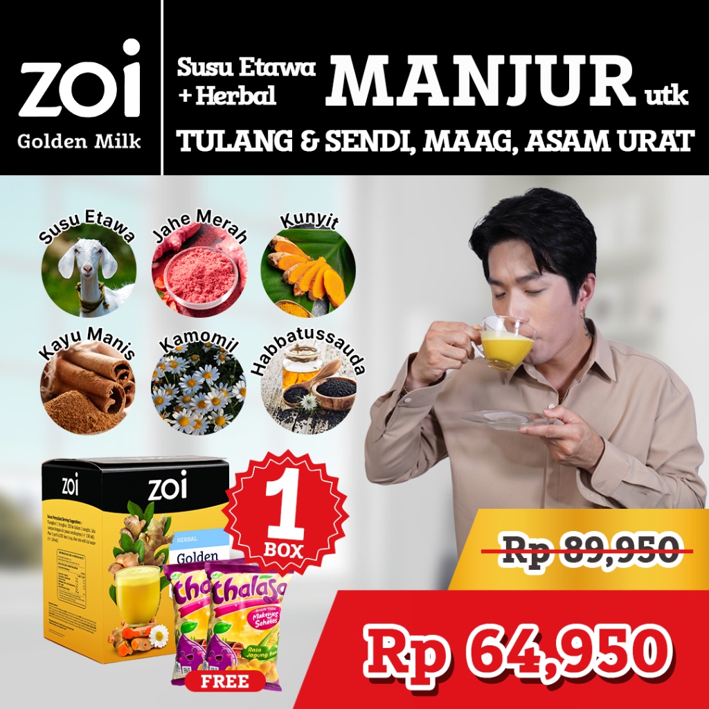 

Paket 1 Box FREE 2 Thalasa Lee Jeong Hoon x Zoi Golden Milk Susu Herbal Susu Sehat Susu Kambing, Jahe dan Kunyit Isi 10 Sachet