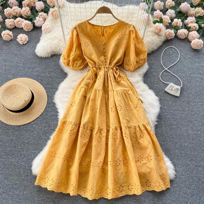 58300 Baju mididress DRESS TANIA EMBROIDERED DRAWSTRING WAIST KATBOL KATUN BOLONG VNECK dres Korean 