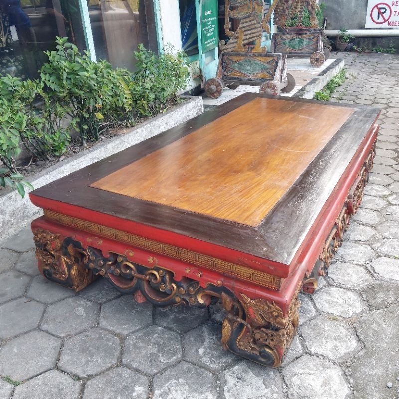 Meja Opium Ukir Naga China Kayu Jati Tua Lawas