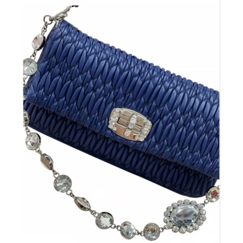miu*miu Preloved Blue MATELASSE LEATHER CRYSTAL STRAP SHOULDER BAG