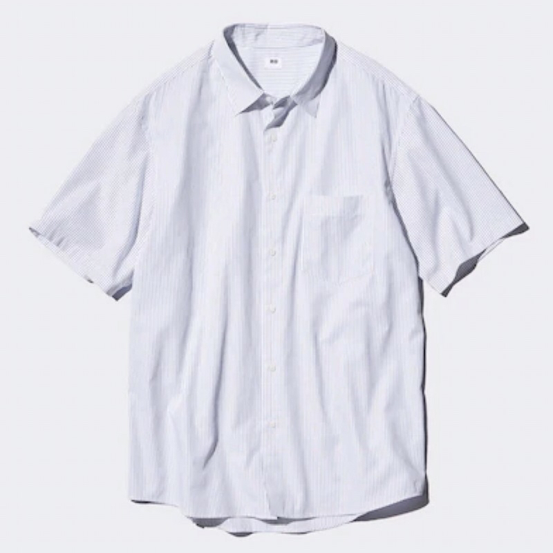 UNIQLO Men Shirt Kemeja Pria Broadcloth Garis Lengan Pendek Off White