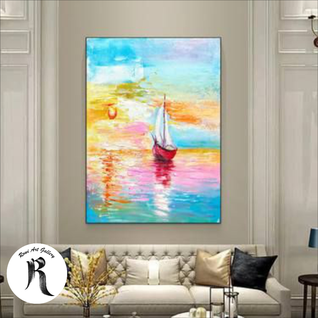 lukisan kanvas perahu abstrak - lukisan abstrak - lukisan kanvas plus frame