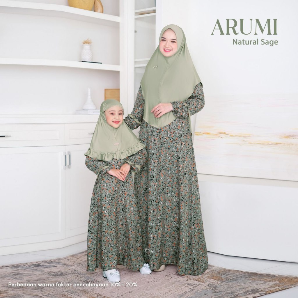 Salvina Hijab Sarimbit Gamis Arumi (Natural Sage) Quality Premium Syari'i - Couple Ibu Anak - Gamis 