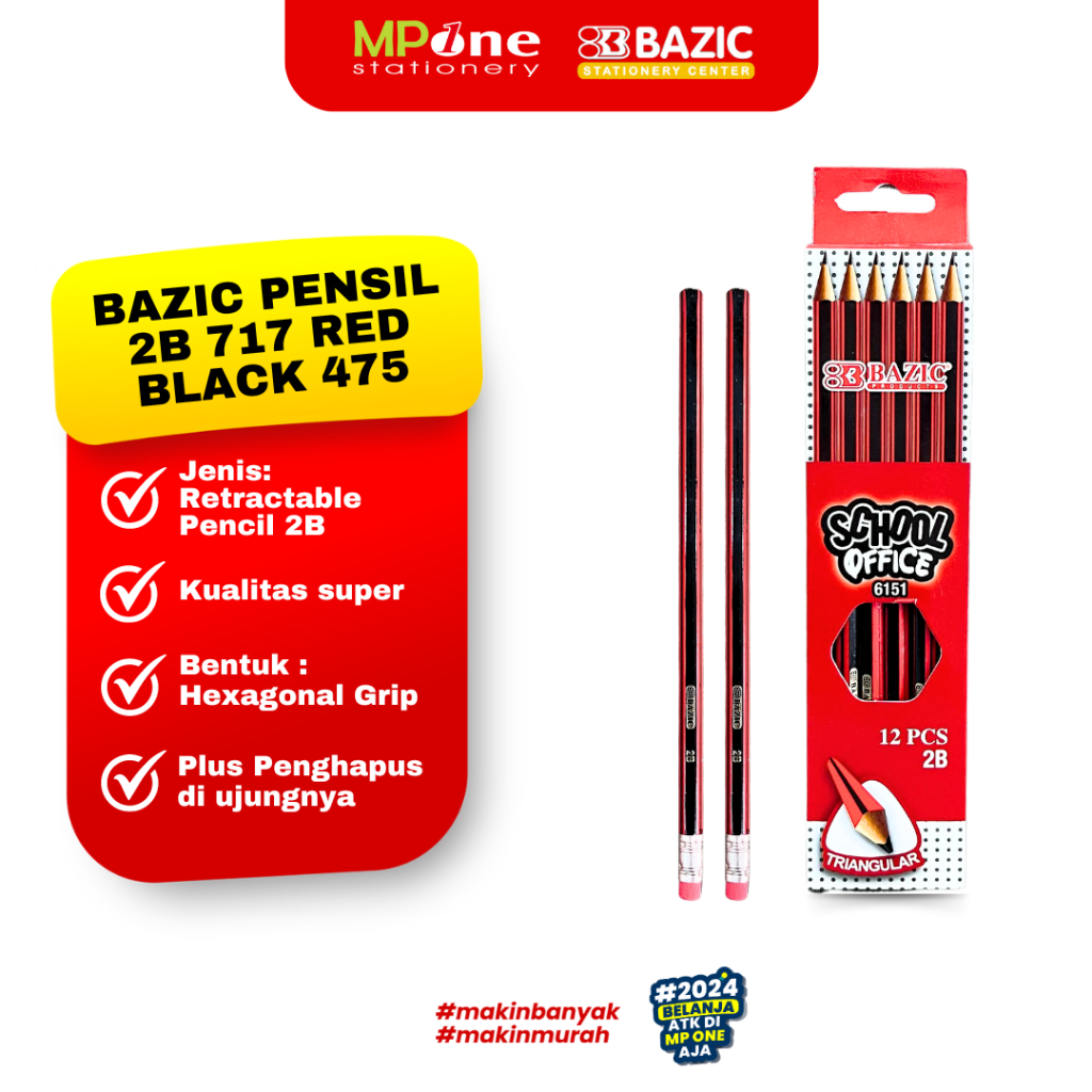 

(1 KOTAK) Bazic Pensil 717 Salur Merah Hitam + Penghapus / Pensil Kayu 2B Bazic 717 Isi 12 PCS MURAH