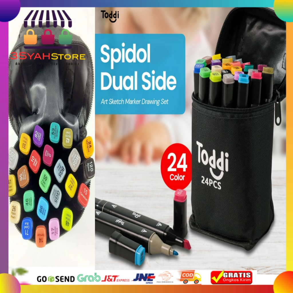 

Spidol Toddi Spidol Dual Side Fine Art Marker Brush Double Tip 1.0mm 6.0mm 24 Warna