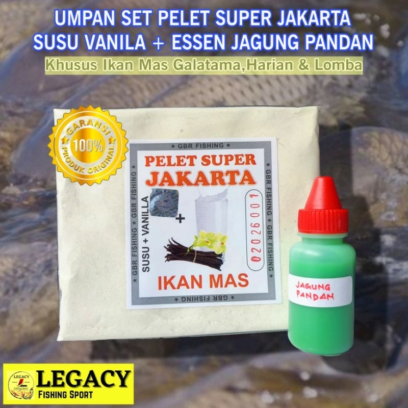 Umpan Set Pelet Super Jakarta Susu Vanila 125gr & Essen Oplosan Jagung Pandan  30ml Ikan Mas Galatam