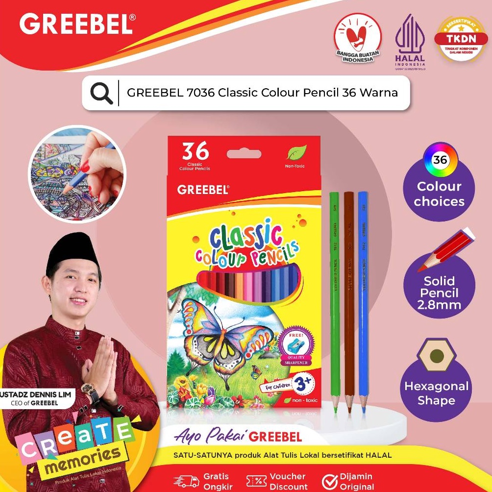 

GREEBEL Pensil Warna 736 CLASSIC ISI 36ColoringColorColour Pencils Cerah tidak beracun utk mewarnai anak n O7T2