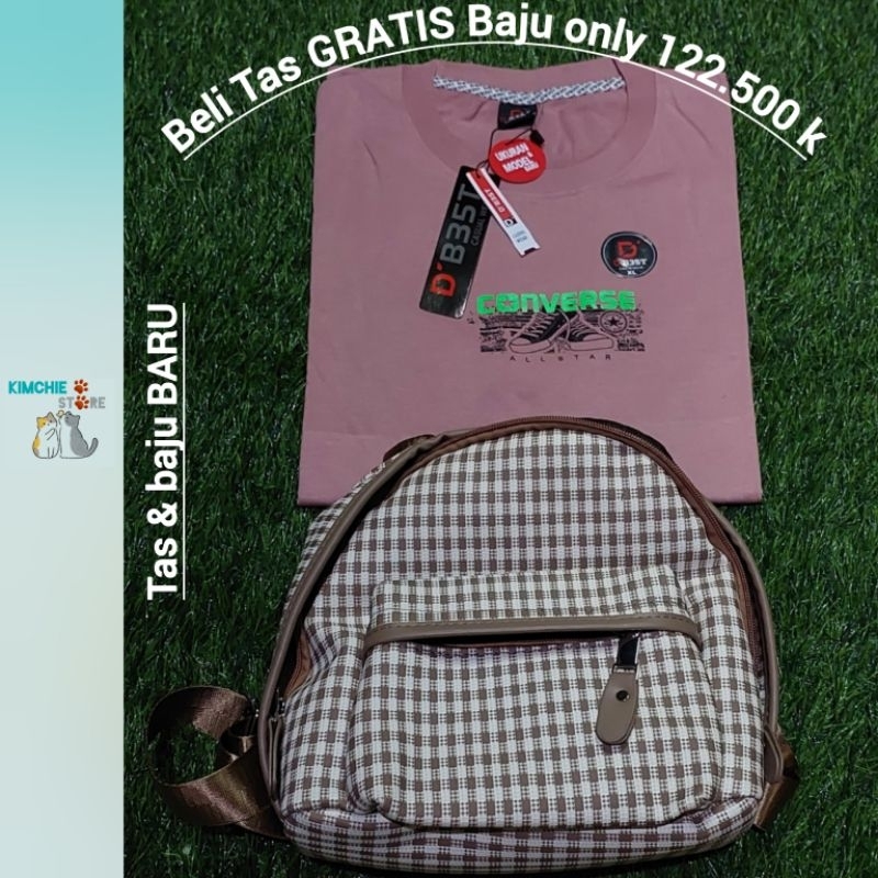 TAS RANSEL MINI MOTIF KOTAK COKLAT - BUY 1 GET 1 KAOS XL [[banting harga]]