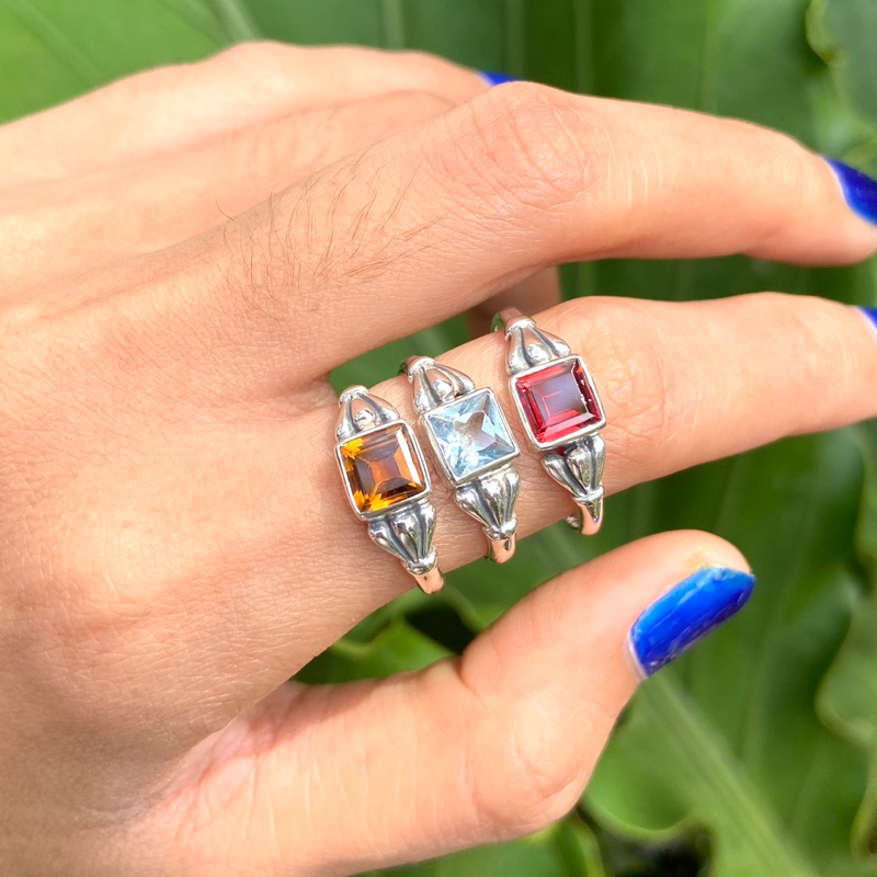 Cincin perak permata persegi red garnet