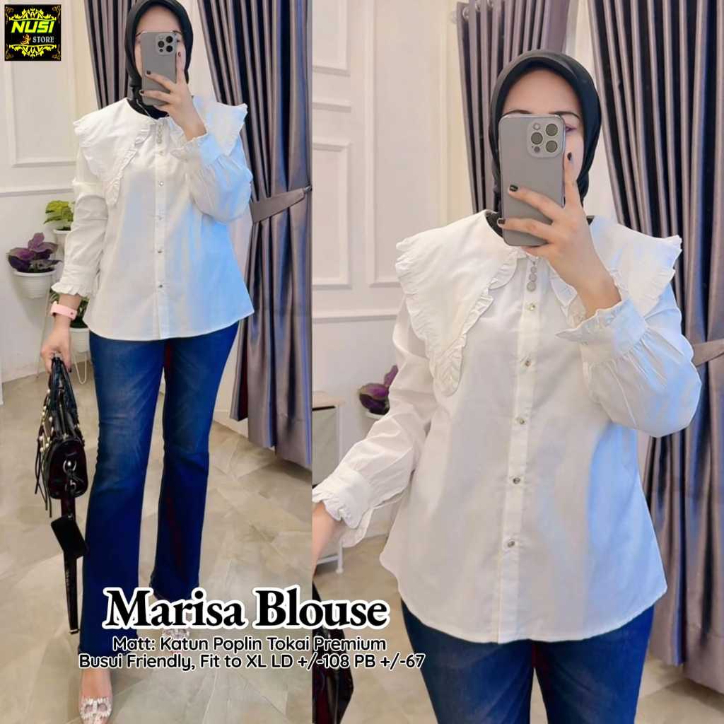Marisa baju blouse kemeja atasan wanita muslim remaja katun bordir putih jumbo ld 108 putih kekinian