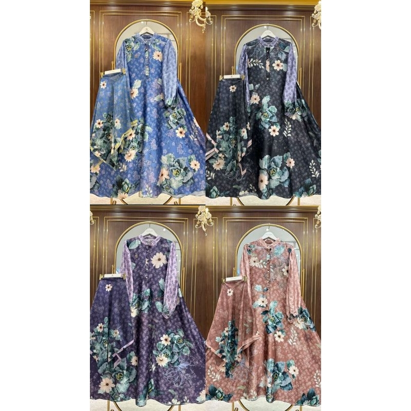 Dress shellasaukia original Gamis Set Hijab segi empat voal printing premium