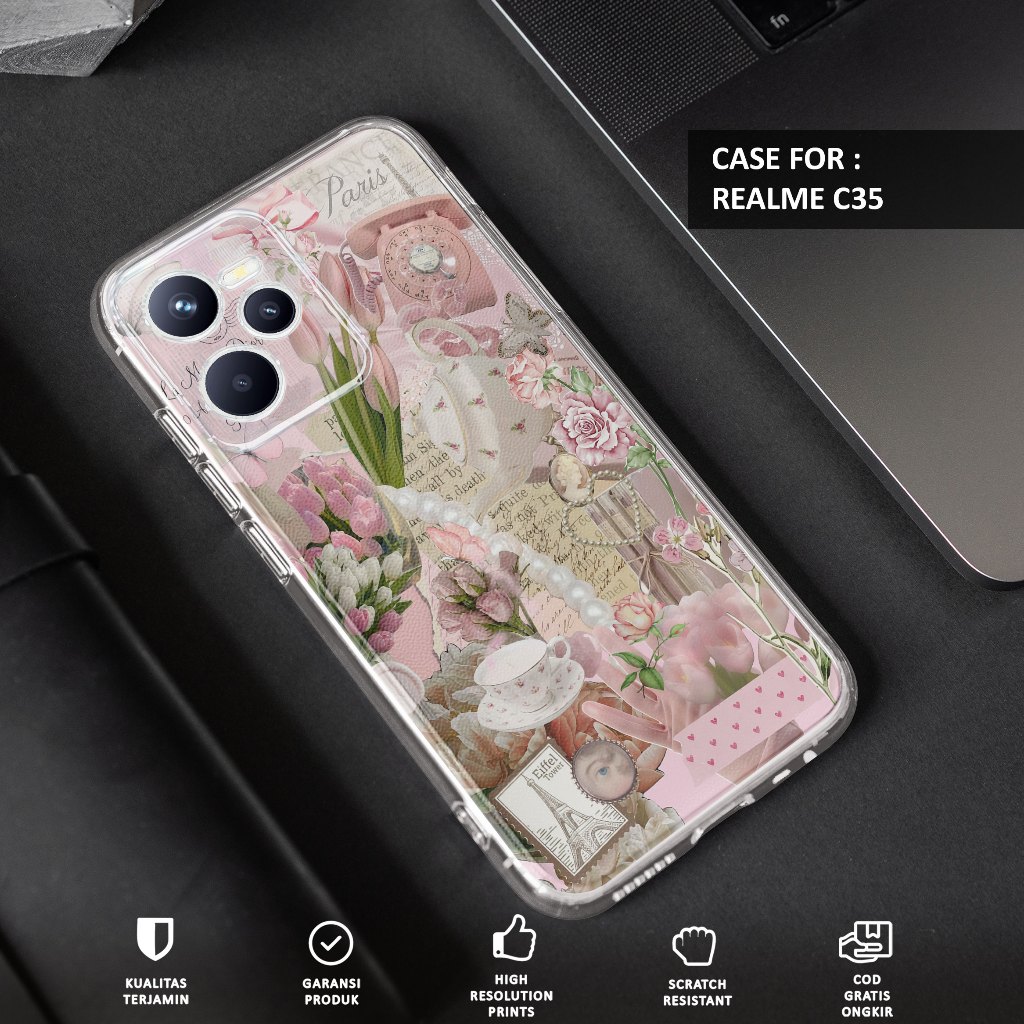 Case REALME C35 - Casing REALME C35 Motif PINK VINTAGE - Softcase Premium Fourside - Bening Transpar