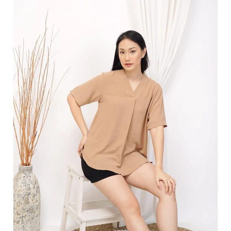 kemeja lengan pendek/atasan wanita bahan Crinkle lengan pendek/blouse wanita lengan pendek