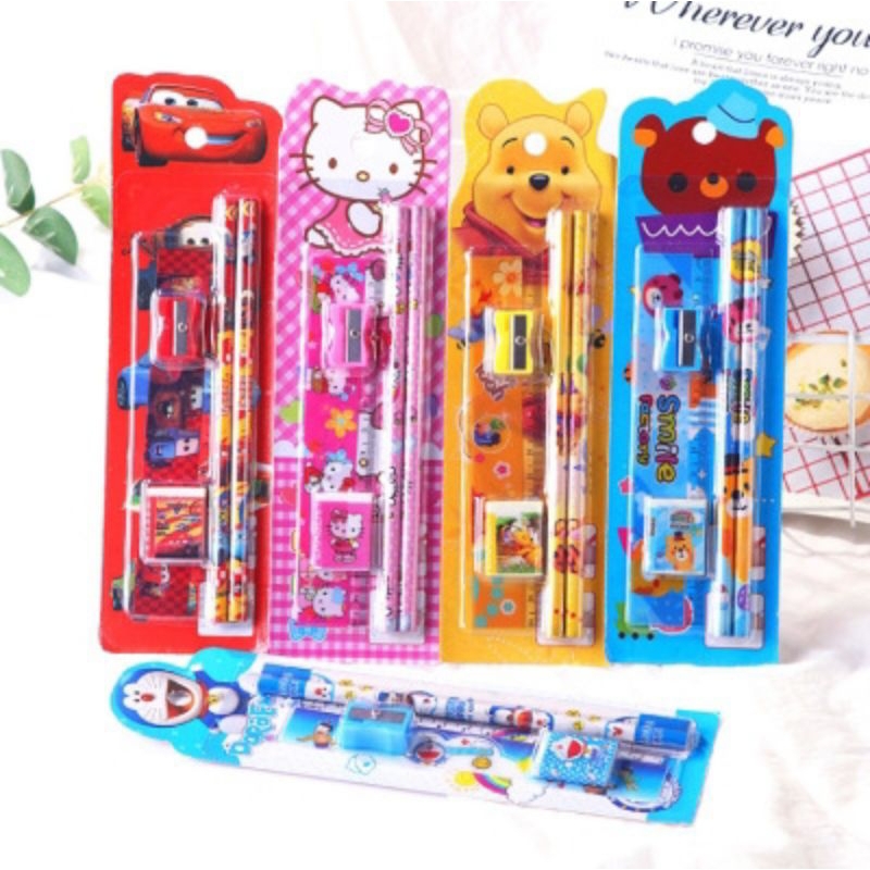 

Stationery Set 5 in 1 Alat Tulis Anak Sekolah Penghapus penggaris Pensil Serutan Karakter Lucu Import