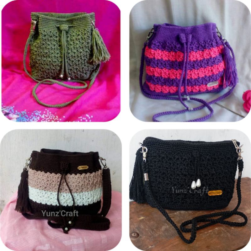 tas serut rajut, tas selempang rajut, tas serut wanita tas rajut