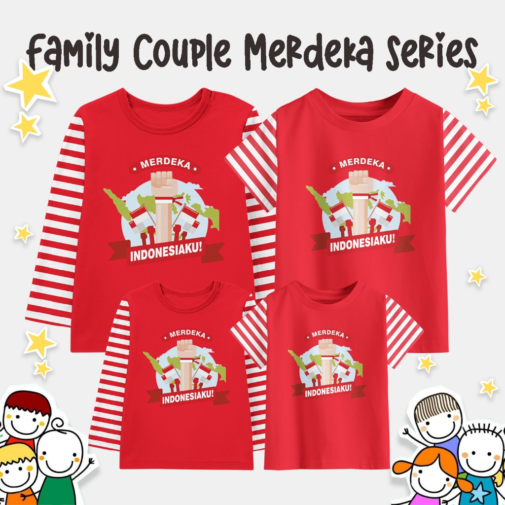 Kaos Couple Family Lengan Strip kemerdekaan Lengan Panjang lengan Pendek