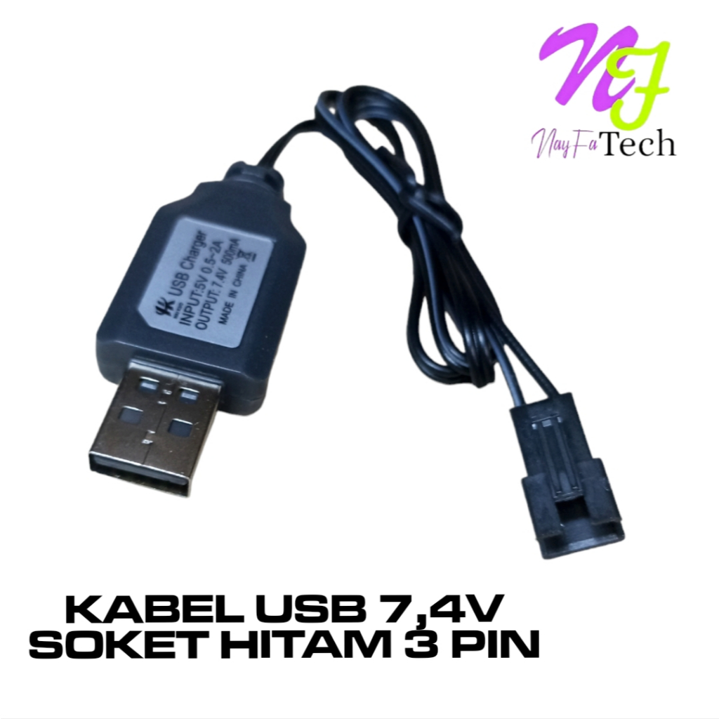 Kabel Cas Baterai Mobil RC Model USB Soket Hitam 3Pin Panjang Kabel 50cm