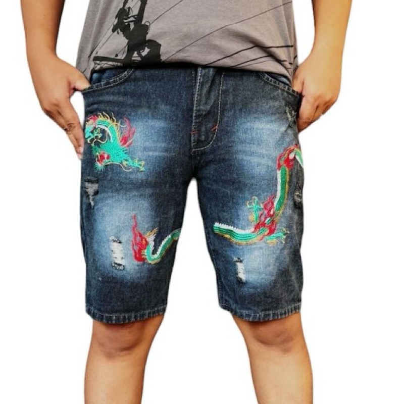 Celana pendek pria dewasa celana jeans pendek bordir naga celana pendek emblem celana bahan denim