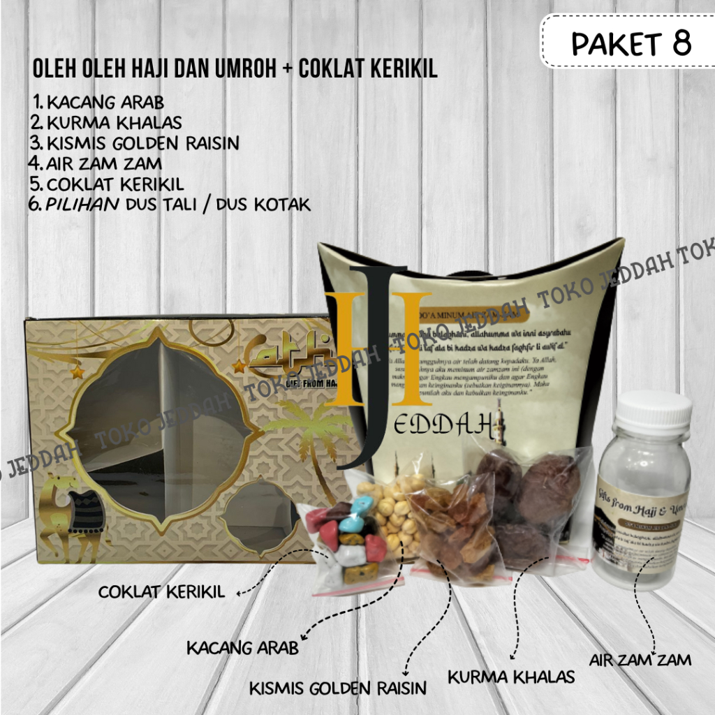 

Paket oleh oleh haji dan umroh 100pcs + Kurma + Air Zam-Zam + Kismis + Kacang Arab + Coklat Kerikil