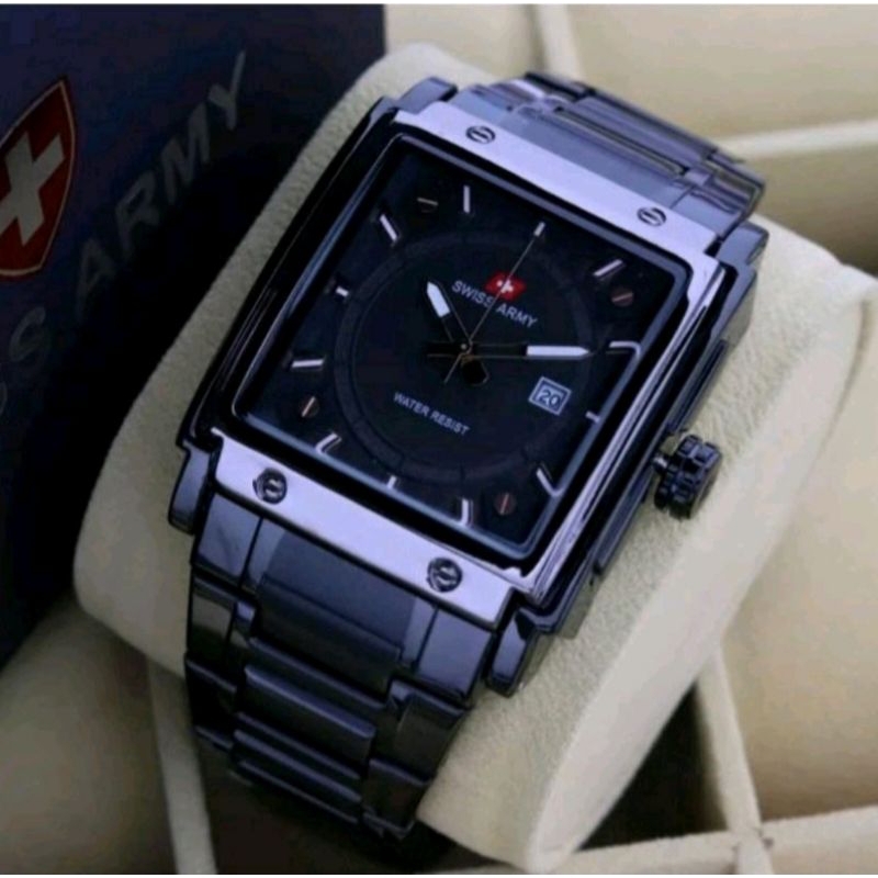 Jam Tangan Pria Swiss SA46321 Segi Analog Tggl Rantai Stainlees Steel disen kotak tanggal aktif wate