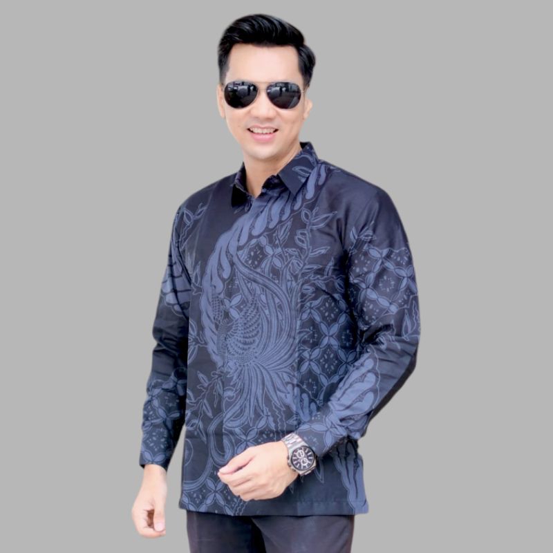 kemeja Batik Pria Hitam to abu Denim Lengan Panjang Reguler Fit Keris Modern Premium Baju Atasan Bat