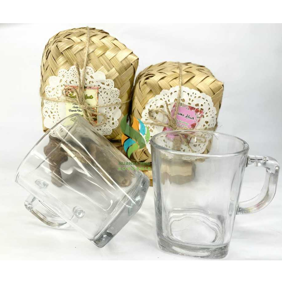 Souvenir Gelas Kaca Minum Gelas Kotak Cangkir Teh Mug Kopi Gagang Kaca Bening