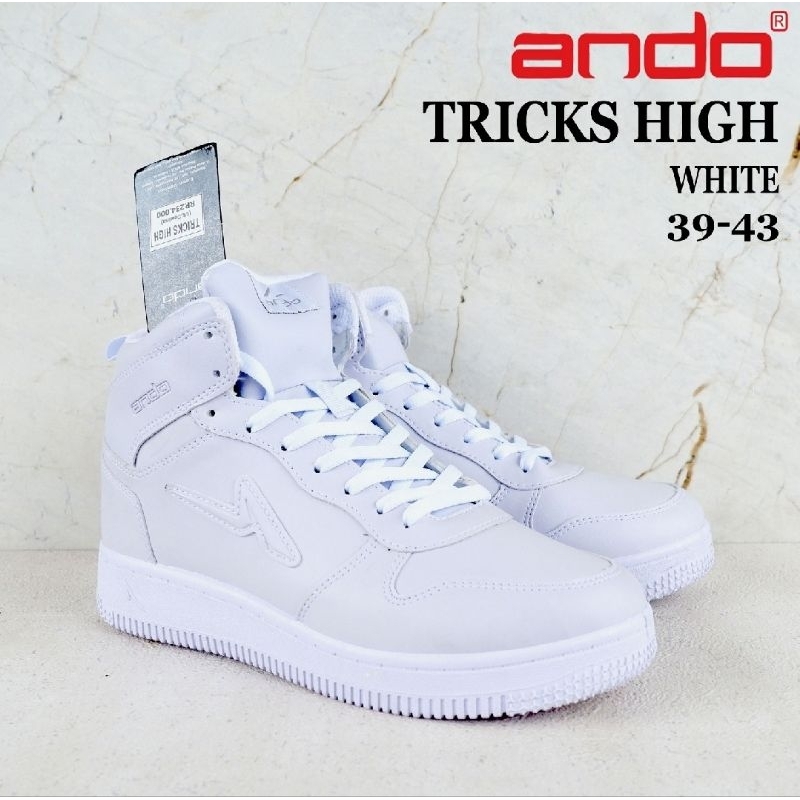 Sepatu ANDO - Size 39-43 - DEKI HIGH - TRICKS HIGH PUTIH - Sepatu Sneakers Putih Pria