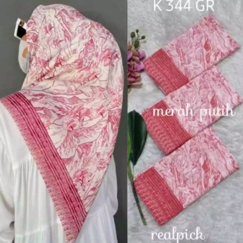 Hijab Jilbab Segi Empat Motif merah putih Voal premium Lasercut