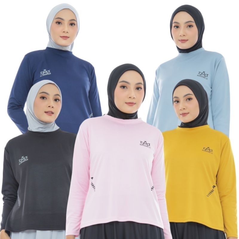 Atasan Baju Olahraga Wanita Lengan Panjang Kaos Dryfit Muslimah Lari Gym Bulutangkis Bersepeda