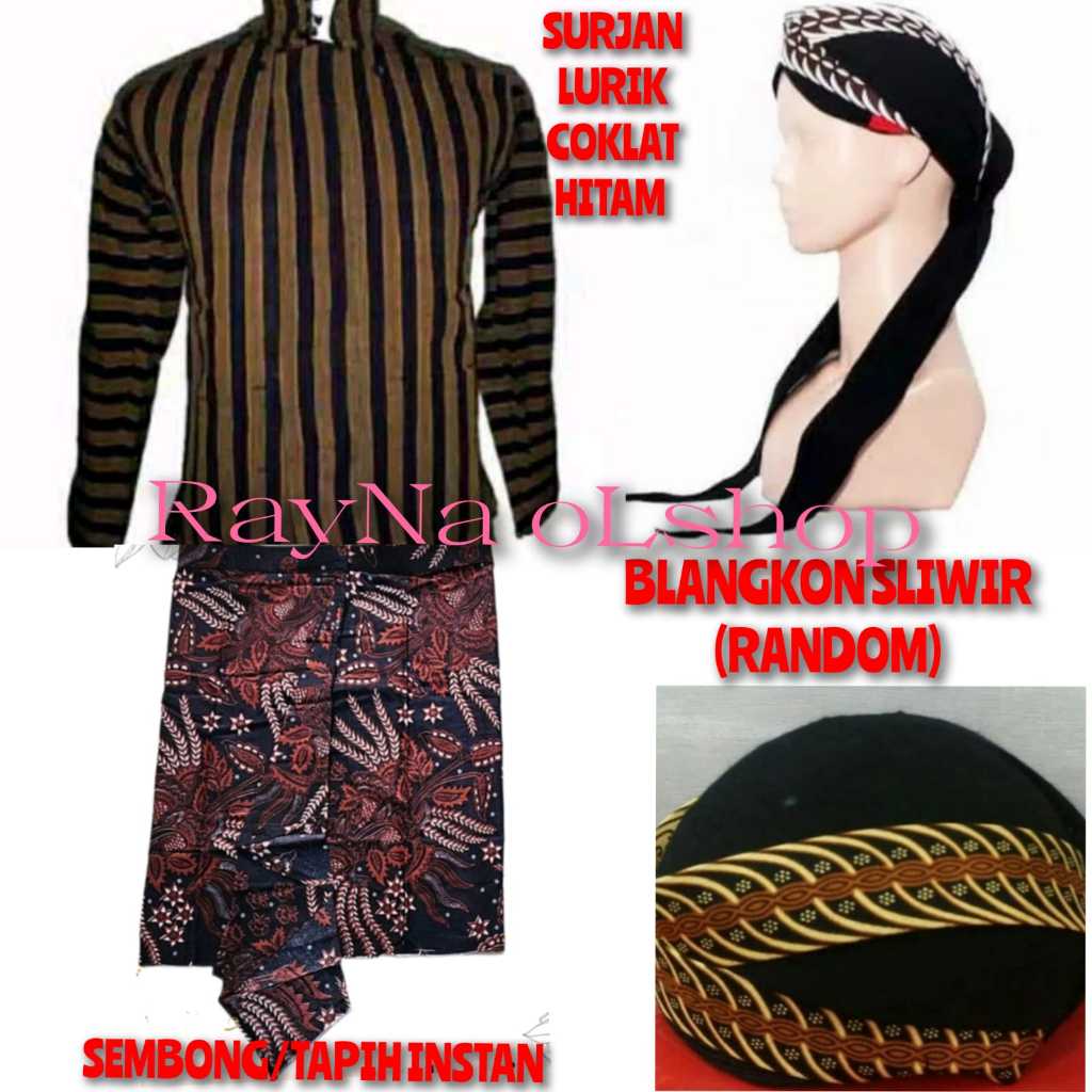 Baju Kemeja Lurik Jawa Pria Surjan Lurik Coklat Hitam + Sembong/Tapih Instan + Blangkon Sliwir