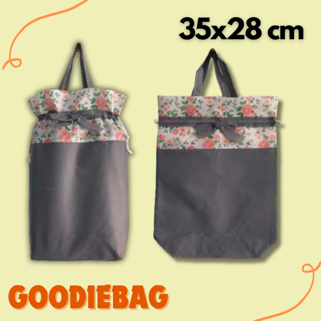 

1/2 KODI isi 10pcs GOODIEBAG 35x28 CM ABU MOTIF BUNGA JAHIT SERUT