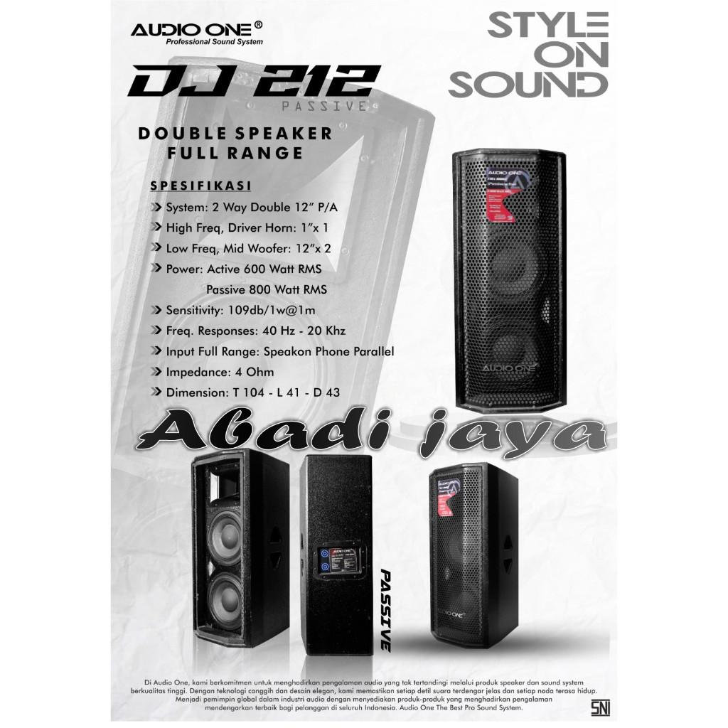speaker pasif audio one dj212 / dj 212 12 inch x 2 double 2 buah full range