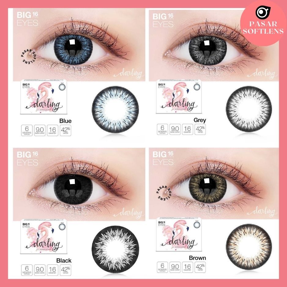 SOFTLENS X2 DARLING MINUS -4.50 sd -6.00 FREE LENSCASE DIA 16MM BIG EYES GREY BROWN BLACK BLUE BY EX