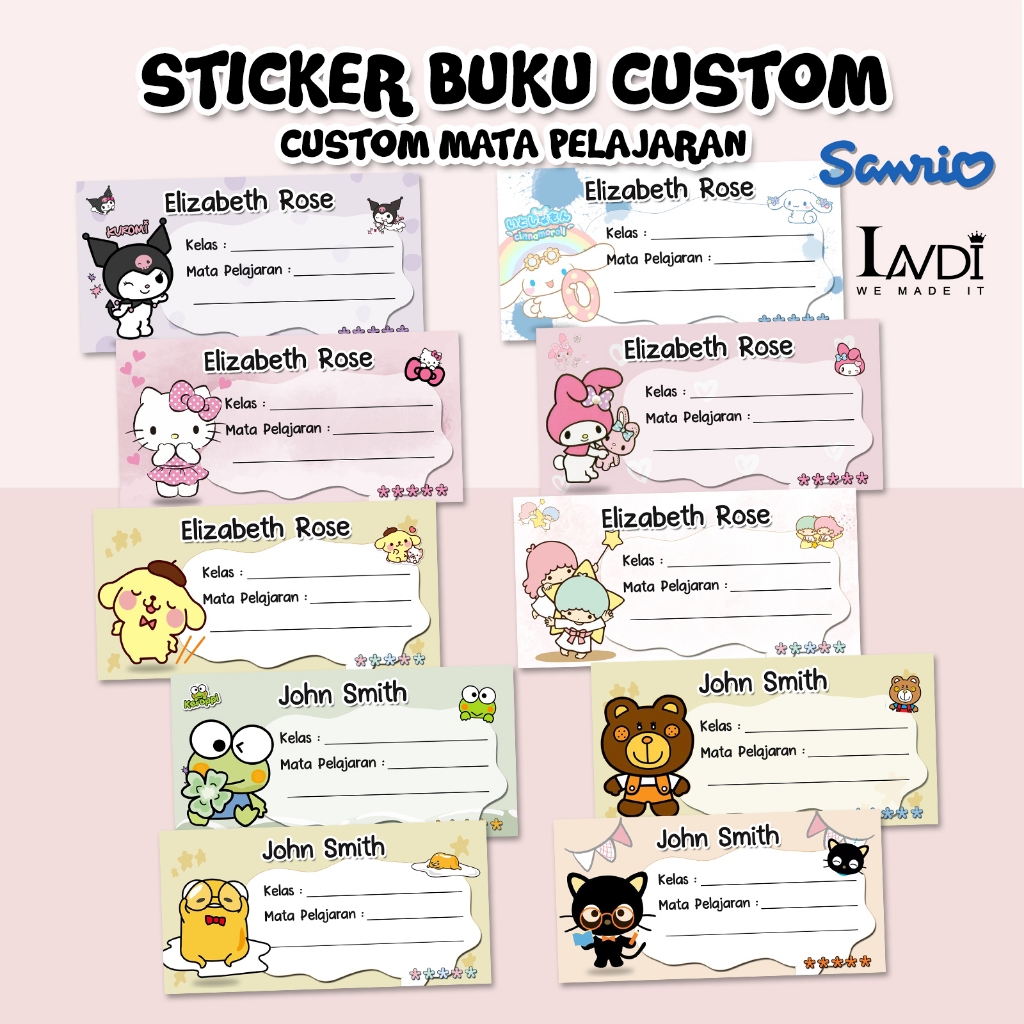 

Sticker Label Nama Custom Buku Pelajaran Sekolah Sanrio Kuromi Cinnamoroll Hello kitty Melody Pompompurin Gudetama Aesthetic