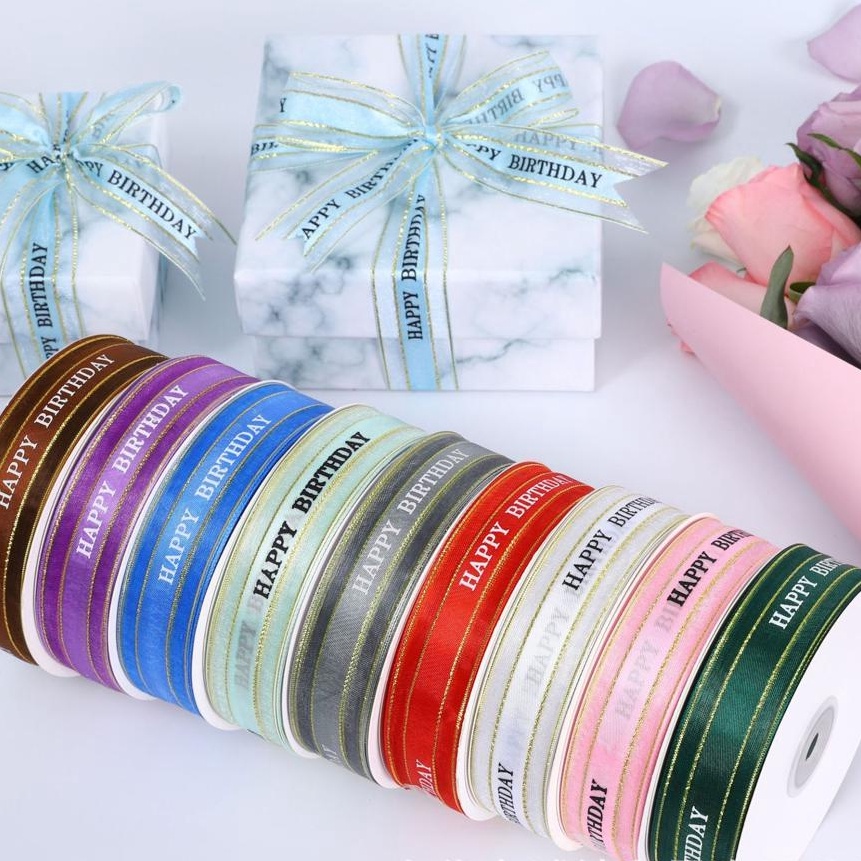 

KP8 PITA SATIN ROLL PITA KADO TULISAN BIRTHDAY LIST GOLD 25CM PITA KERAJINAN TANGAN DEKORASI BUKET