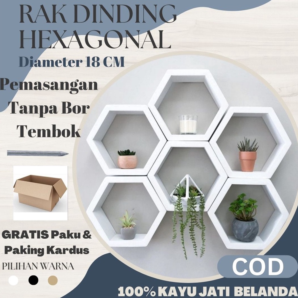 COD Rak Hexagonal Diameter 18 Cm Kayu Jati Belanda Hiasan Dinding Pajangan Gantung Minimalis Kayu De